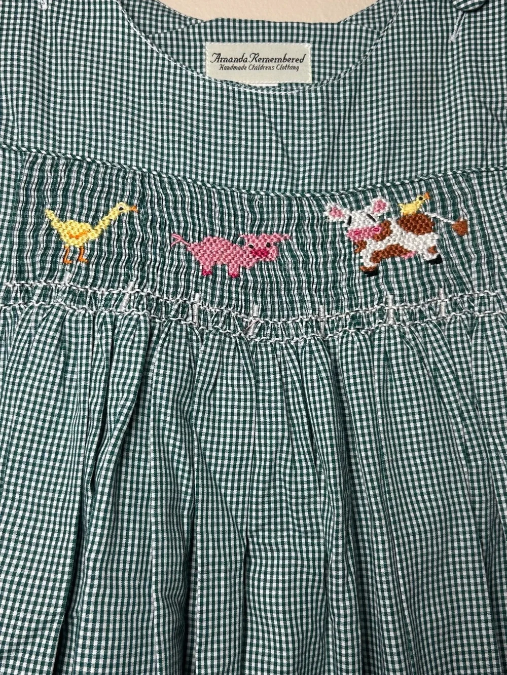 Amanda Remembered Girls 6X Green Gingham Smocked Cow Dress w/ White Blouse